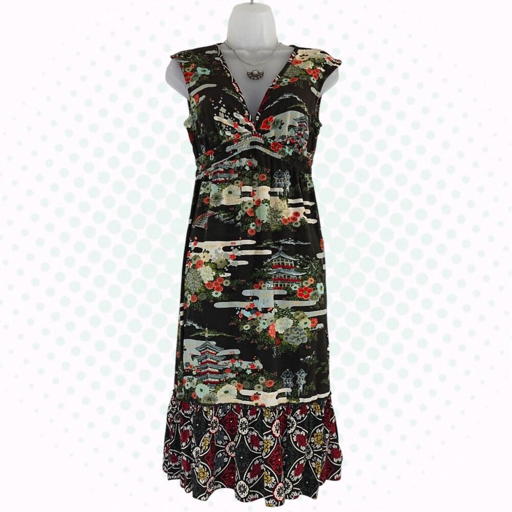 Vintage Y2K Lucky Brand Multicolor Japanese Floral Print Midi Dress Size XS